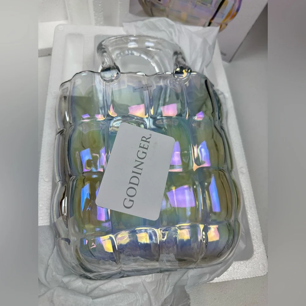 NIB RUNWAY Godinger Crystal Glass Iridescent Handbag Vase